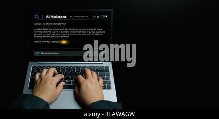 AI assistant concept. Hands using a laptop while artificial intelligence writes professional content about remote work. Large language models, smart p Stock Photo