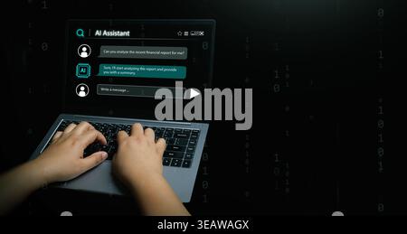 AI assistant concept. Hands using a laptop with a chatbot interface and message bubbles. Large language models, artificial intelligence technology, sm Stock Photo