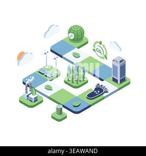 Isometric Sustainable City Plan And Carbon Neutral Strategy. Carbon Neutral And Sustainability Strategy Concept Stock Vector