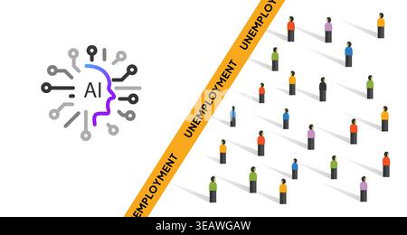 Global unemployment crisis due to artificial intelligence automation showing ai brain icon crowd of people representing massive job loss and labor Stock Vector