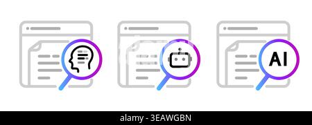 Artificial intelligence content detection icons set showing magnifying glass over documents identify AI generated text robotic chatbot writing digital Stock Vector