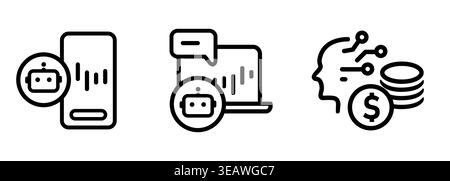 Artificial intelligence AI trading icon set robot assistant on smartphone and laptop screen for algorithmic financial data analysis money investment Stock Vector