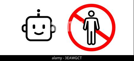 Artificial intelligence replacing human workers concept with robot head icon next to a red forbidden sign representing job displacement automation Stock Vector
