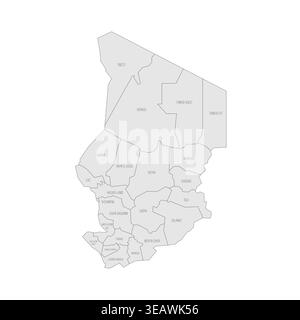 Chad political map of administrative divisions - regions. Grey map with thin black outline and labels. Stock Vector