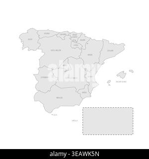 Spain political map of administrative divisions - autonomous communities and autonomous cities of Ceuta and Melilla. Grey map with thin black outline and labels. Stock Vector