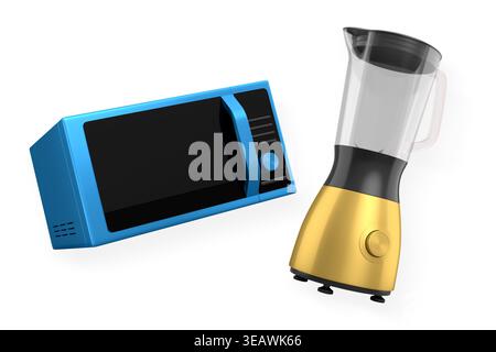 Sleek microwave oven and blender in metallic design, isolated on white background, concept of kitchen appliances. Stock Photo
