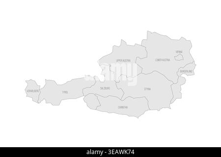 Austria political map of administrative divisions - federal states. Grey map with thin black outline and labels. Stock Vector