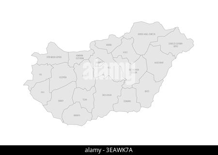 Hungary political map of administrative divisions - counties and autonomous city of Budapest. Grey map with thin black outline and labels. Stock Vector