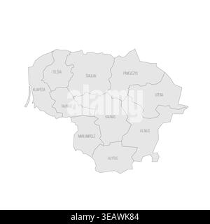 Lithuania political map of administrative divisions - counties. Grey map with thin black outline and labels. Stock Vector