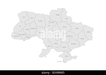 Ukraine political map of administrative divisions - regions, two cities with special status of Kyiv and Sevastopol, and autonomous republic of Crimea. Grey map with thin black outline and labels. Stock Vector