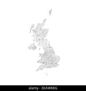 United Kingdom of Great Britain and Northern Ireland political map of administrative divisions - counties, unitary authorities and Greater London in England, districts of Northern Ireland, council areas of Scotland and counties, county boroughs and cities of Wales. Grey map with thin black outline and labels. Stock Vector