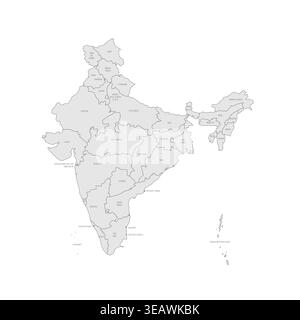 India political map of administrative divisions - states and union teritorries. Grey map with thin black outline and labels. Stock Vector