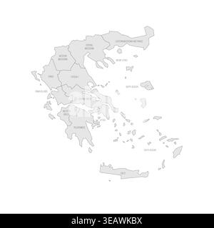 Greece political map of administrative divisions - decentralized administrations and autonomous monastic state of Mount Athos. Grey map with thin black outline and labels. Stock Vector