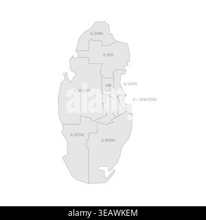Qatar political map of administrative divisions - municipalities. Grey map with thin black outline and labels. Stock Vector