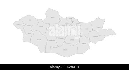 Mongolia political map of administrative divisions - provinces and khot Ulaanbaatar. Grey map with thin black outline and labels. Stock Vector