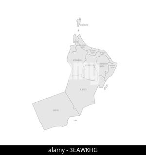 Oman political map of administrative divisions - governorates. Grey map with thin black outline and labels. Stock Vector