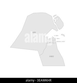 Kuwait political map of administrative divisions - governorates. Grey map with thin black outline and labels. Stock Vector