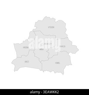 Belarus political map of administrative divisions - regions and one autonomous city. Grey map with thin black outline and labels. Stock Vector