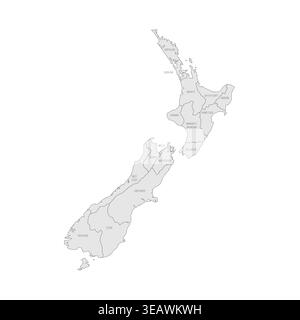 New Zealand political map of administrative divisions - regions. Grey map with thin black outline and labels. Stock Vector