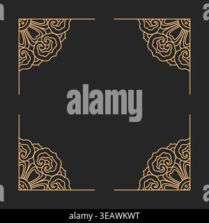 Elegant gold ornamental corner frame with intricate floral mandala elements arranged in four corners. Luxury square border design in thin line style, Stock Vector