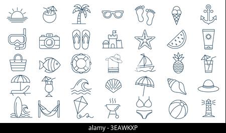 Summer vacation and beach holiday line icon set. Stock Vector