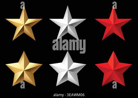 Set of 3D star icons in gold silver red colors with glossy metallic style. Collection of rating award and achievement symbols isolated on dark backgro Stock Vector