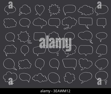 Set of hand drawn speech bubbles, doodle elements and comic chat symbols in white line style on black background. Includes various shapes like talk bu Stock Vector