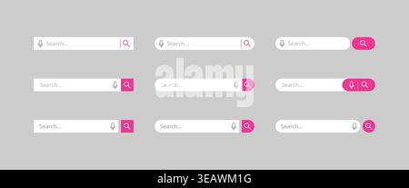Pink Search Bar UI Set Microphone Voice Search Magnifying Glass Icons Vector Collection Stock Vector