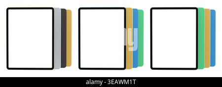 Multiple black-framed digital tablets stacked with colorful sheets, isolated on white background, concept of technology and modern devices Stock Photo