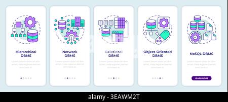 Various dbms categories onboarding mobile app screen Stock Vector