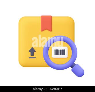 Yellow cardboard package box with purple magnifying glass and barcode. Parcel tracking, delivery status, shipping inspection, logistics concept. 3d ve Stock Vector
