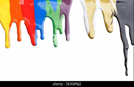 Colorful Paint Drips Create an Artistic Display on a White Background Stock Photo