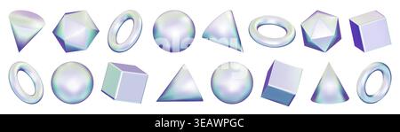 Holographic chrome 3d shapes. Silver y2k hexagon and solid circle ball. Math geometric triangle figure of aluminum metal, abstract steel sphere Stock Vector