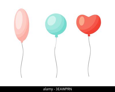 Cartoon vector illustration of three festive party balloons in pink oval, teal round and red heart shapes with strings, isolated on white background, Stock Vector