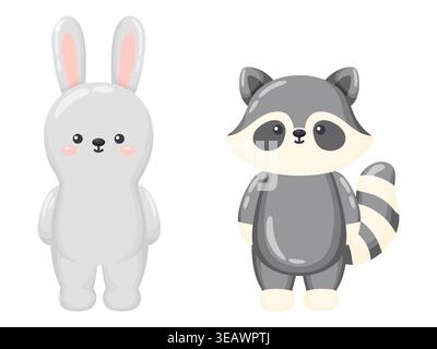 Cartoon vector illustration of two cute kawaii woodland animals, a white bunny with pink ears and a gray striped raccoon, standing upright, isolated o Stock Vector