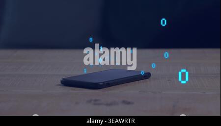 Floating cyan binary digits shimmering above black smartphone lying on worn tabletop, dark backdrop Stock Photo