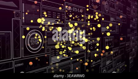 Displaying dashboard panels with readouts, receding right on virtual wall, with yellow bokeh Stock Photo