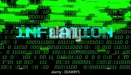 Glowing cyan ENCRYPTION text pulsing over cyber terminal, with green binary digits and glitches Stock Photo
