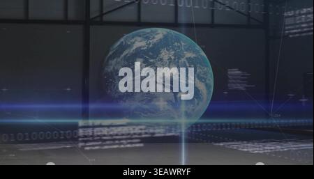 Floating holographic Earth globe in hall, casting blue streak, vertical beam and binary overlays Stock Photo