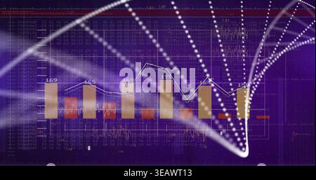 Displaying bar-line chart on purple UI, showing gold bars, white polyline, labels, dotted arcs Stock Photo