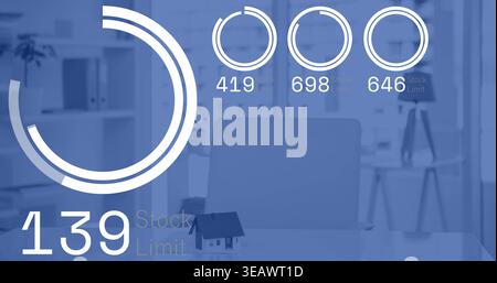 Displaying progress graphic at office desk, showing Stock Limit 139, house model, rings 419 698 646 Stock Photo