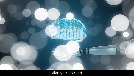 Displaying holographic brain hovering above metallic robotic forearm at lab, with bokeh lights Stock Photo