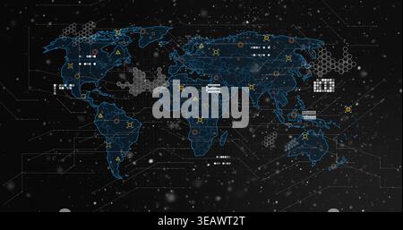 Displaying neon world map on dashboard, showing hexagonal clusters, grid blocks, yellow markers Stock Photo