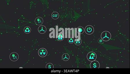 Displaying cluster connecting on dark field with green mesh and teal icons showing turbine and plug Stock Photo