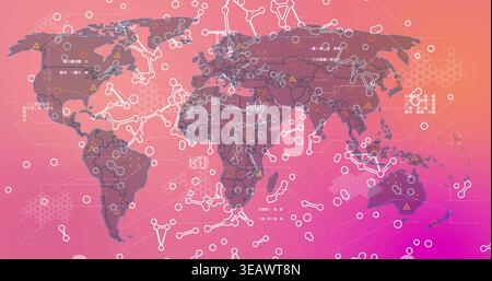 Displaying stylized world map centering in infographic layout, showing white nodes, warning icons Stock Photo