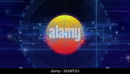 Glowing central orb rotating within virtual HUD, showing concentric rings, glitch band, neon traces Stock Photo