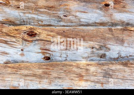 A close view of weathered kelohonka logs showing natural grain, aged surfaces and rustic Nordic character. The organic texture and varied tones make t Stock Photo