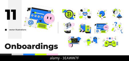 Digital lifestyle and technology neubrutalism cartoon flat illustrations bundle Stock Vector