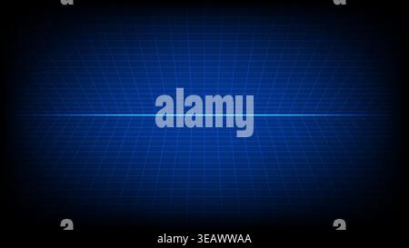 Digital wireframe perspective grid technology background with a glowing neon horizon line for tech and science design Stock Vector