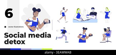 Young people engaging in offline activities cartoon flat illustrations bundle Stock Vector